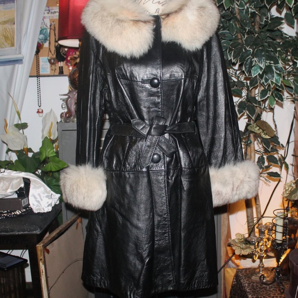 Rare Vintage 70's The Vogue Belted Black Leather & Fox Fur Jacket Coat Trench M - Picture 1 of 10